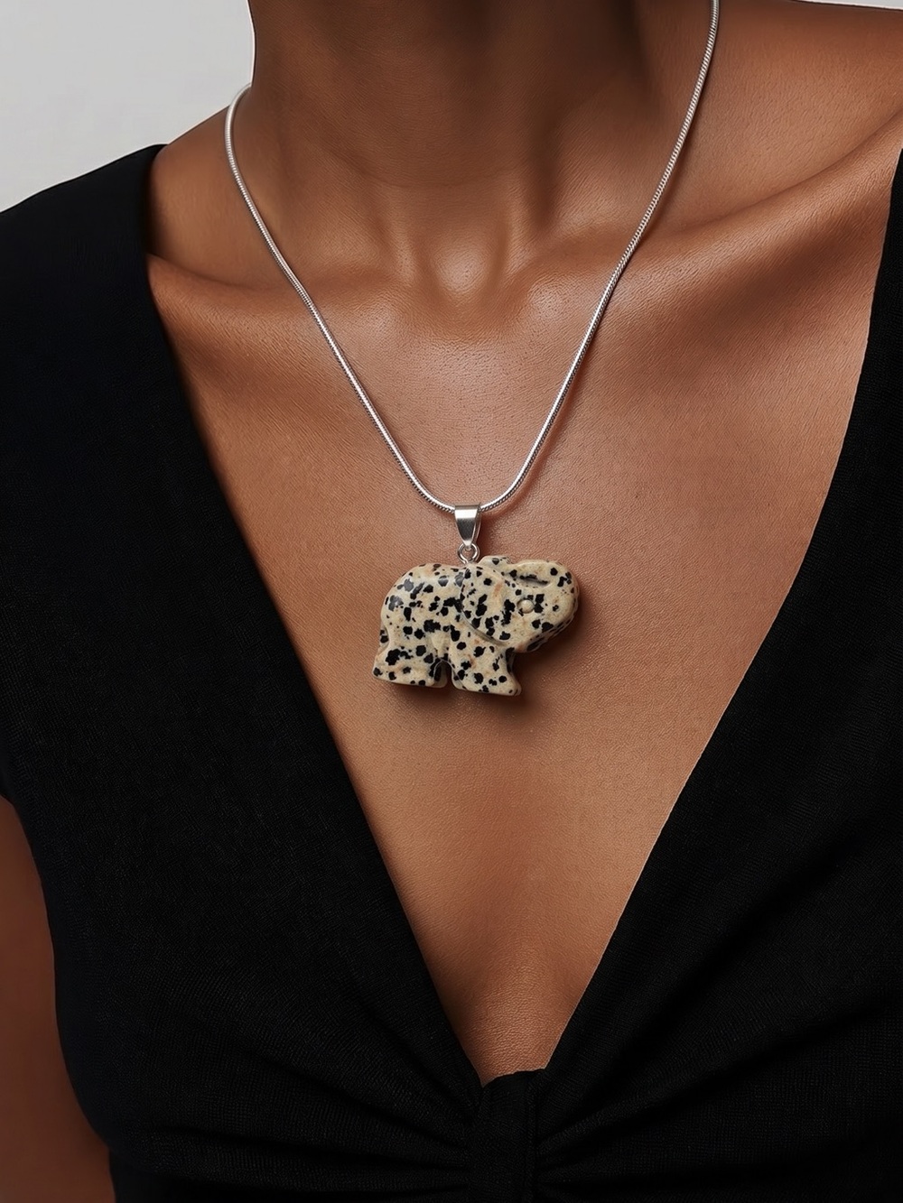 Hippie Boho Dalmatian Jasper Crystal Elephant Sterling Silver 30” Neck… - Picture 3 of 8
